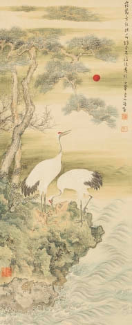 Artwork by Watanabe Syouka, Pine and cranes, Made of Ink and color on silk