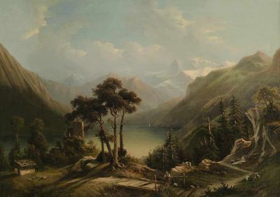 Ziegenhirtin auf kleiner Brücke am Lauerzersee (Schweiz) by Hermann Seefisch, 1848
