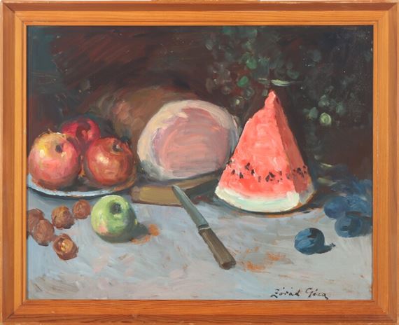 Still life with ham, watermelon, apples by Géza Zorad