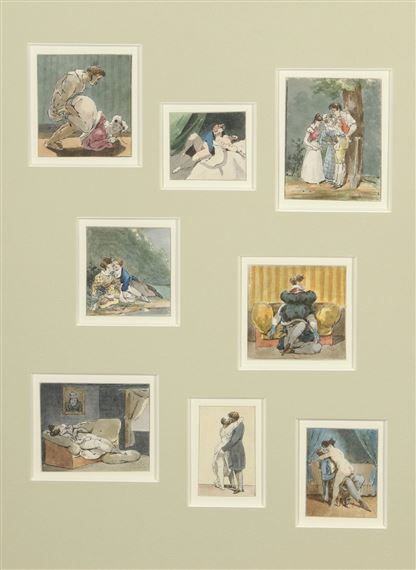 Ensemble de 8 dessins à sujets érotiques sous un même encadrement by Henry Monnier