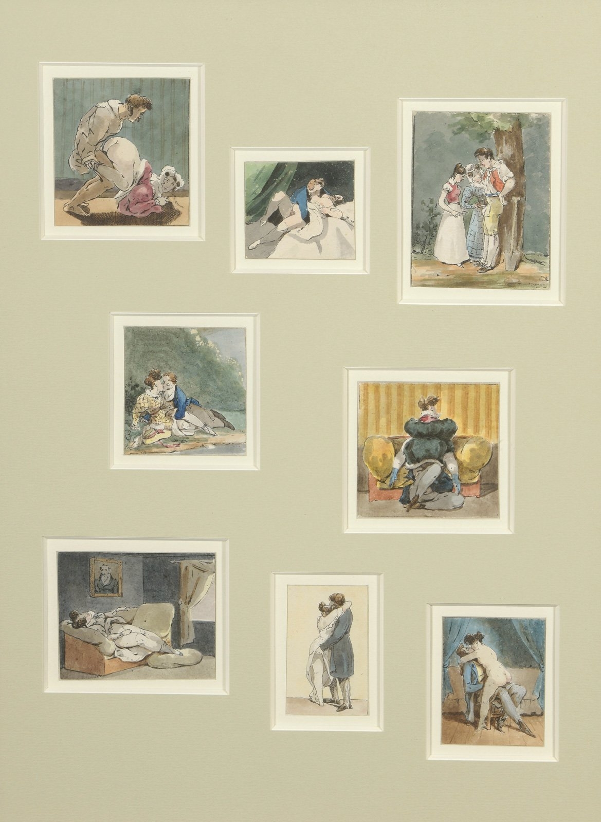 Artwork by Henry Monnier, Ensemble de 8 dessins à sujets érotiques sous un même encadrement, Made of Ink and watercolor