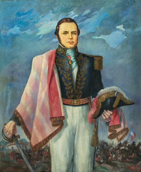 A formal portrait of a military figure in an ornate uniform, holding a sword and hat, set against a dramatic cloudy sky.