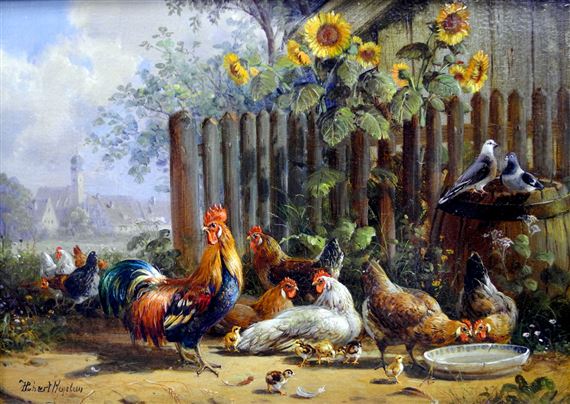 Freilaufende Hühner am Gartentor mit Sonnenblumen by Hubert Kaplan