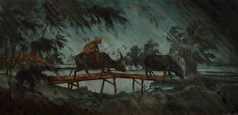 Bouvier sur son buffle traversant un pont dans un paysage de pluie nocturne - Minh Ngoc