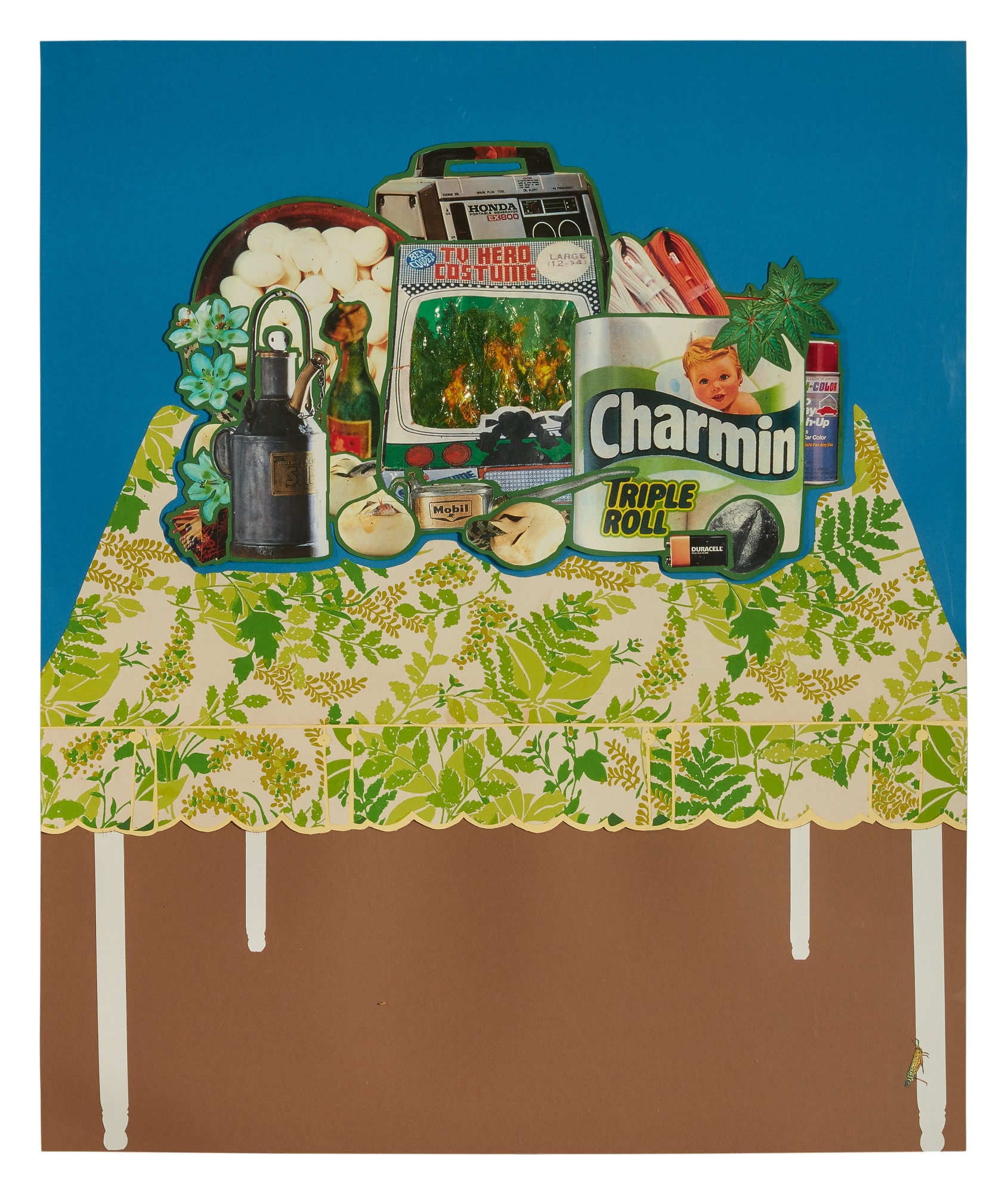 Artwork by Christian Holstad, TAKE STANDS 3 (FOREST FIRE, BLUE SKY, LOCUST ON WHITE SPINDLE LEGS), Made of acrylic, paper and magazine collage and cellophane on paperboard