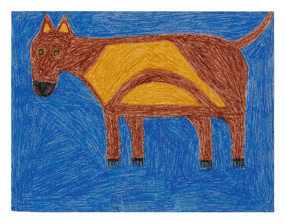 BROWN DOG WITH YELLOW AND BLUE by Eddie Arning, circa 1964