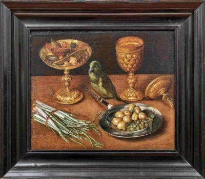 Prunkstillleben mit grünem Papagei by American School, 17th Century