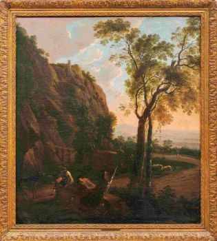 Südliche Hügellandschaft mit Hirten, ihren Tieren und störrischem Esel by Willem de Heusch