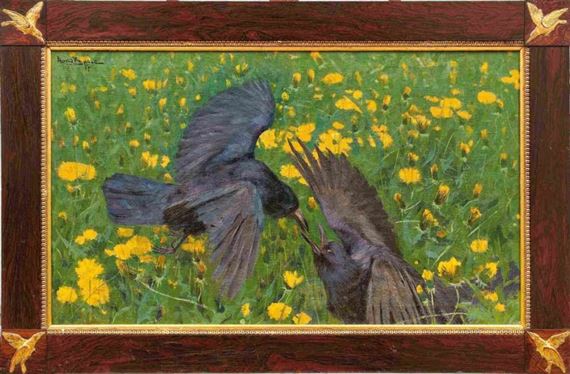 Zwei in einer Blumenwiese streitende Raben by Hans Busse, 1897