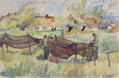 Artwork by Rudolf Allner, Fischer beim Aufhängen der Netze, Made of Watercolor