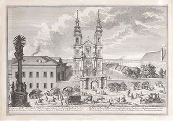 2 works: "Die Kirche bey Mariae-Hülff auf der Leimgruben", "Die Kirche St. Josephs und Carmeliter-Kloster auf der Leim-Gruben", aus der Folge "Wahrhaffte und genaue Abbildung aller Kirchen und Clöster" - Salomon Kleiner
