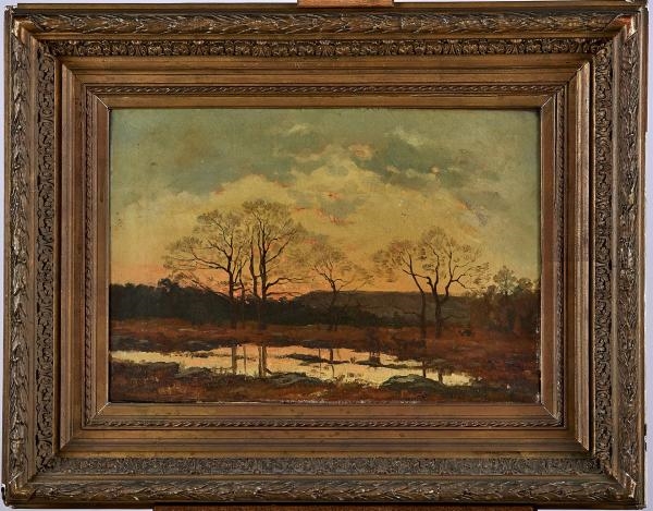 Artwork by G. De Saint-Maurice, 2 Works: Les cerfs s’abreuvant près de l’étang; La hutte dans la forêt sous la neige, Made of Oil on canvas