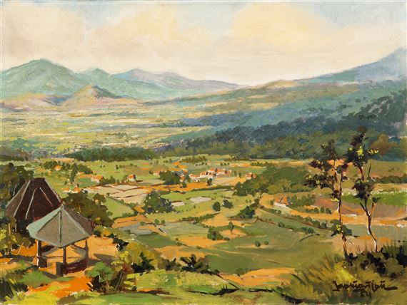 An Indonesian valley landscape by Yap Hian Tjay, 1954