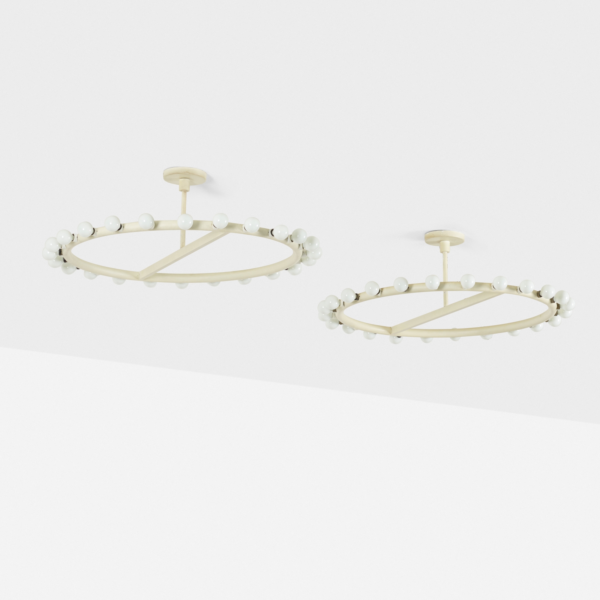 Artwork by Alvin Lustig, ceiling lights, pair, Made of enameled aluminum and steel, plastic