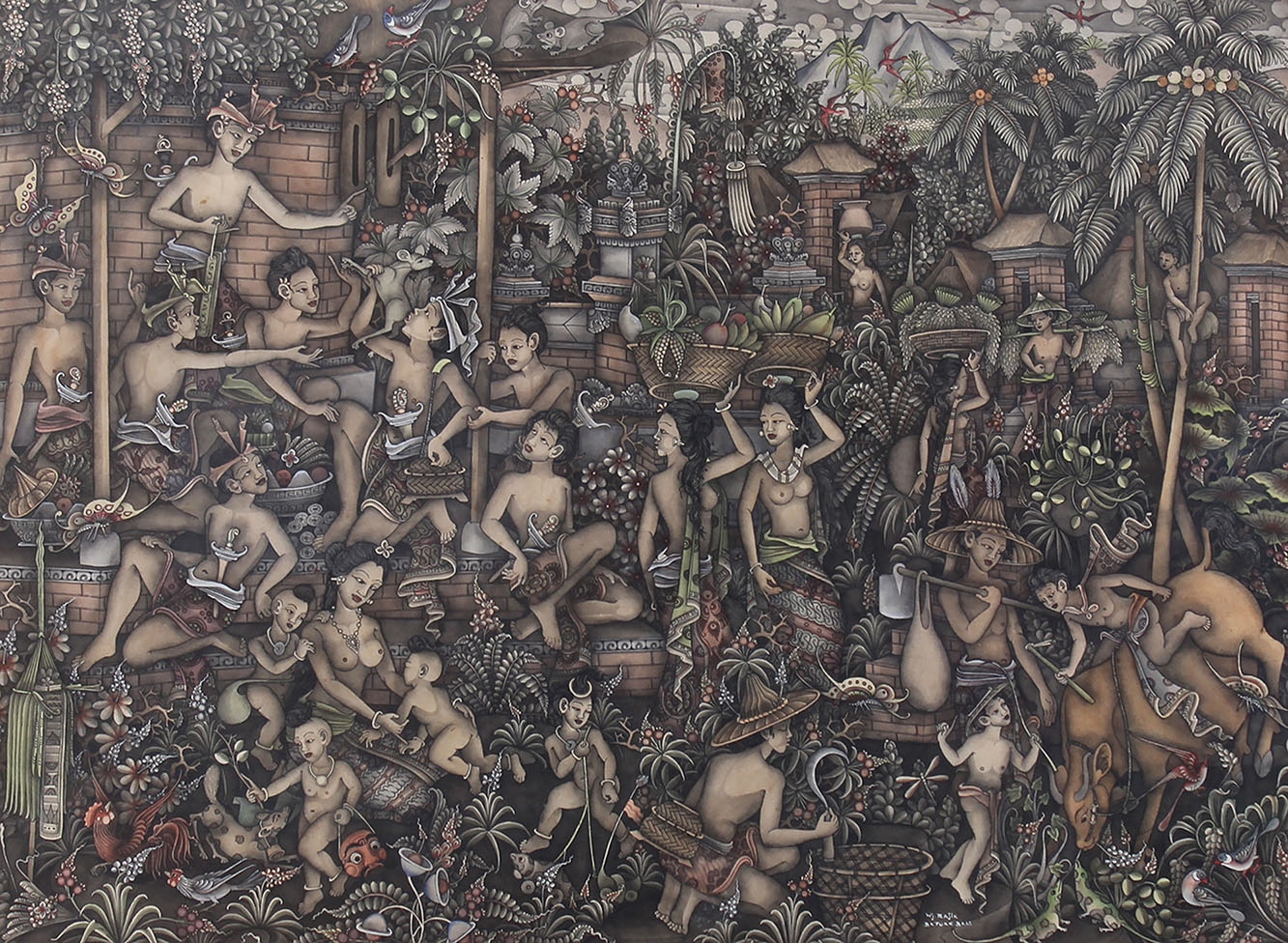 Artwork by I Wayan Rajin, Balinese Village Life, Made of acrylics on paper