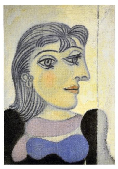 A stylized portrait of a figure with a prominent profile and bold, blocky colors.