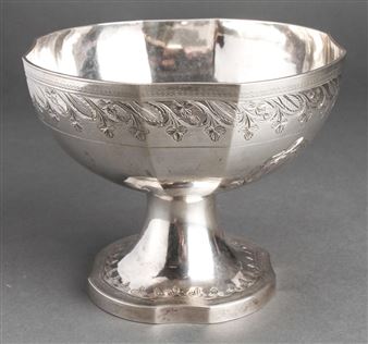 American coin silver engraved and chased lobe shaped footed compote - Joel Sayre