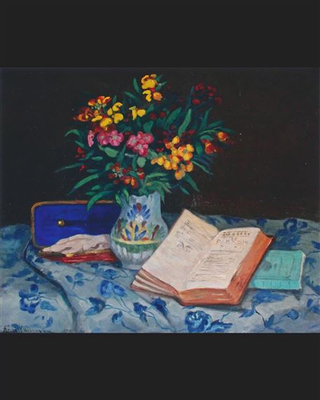 NATURE MORTE AU LIVRE ET AU VASE DE FLEURS