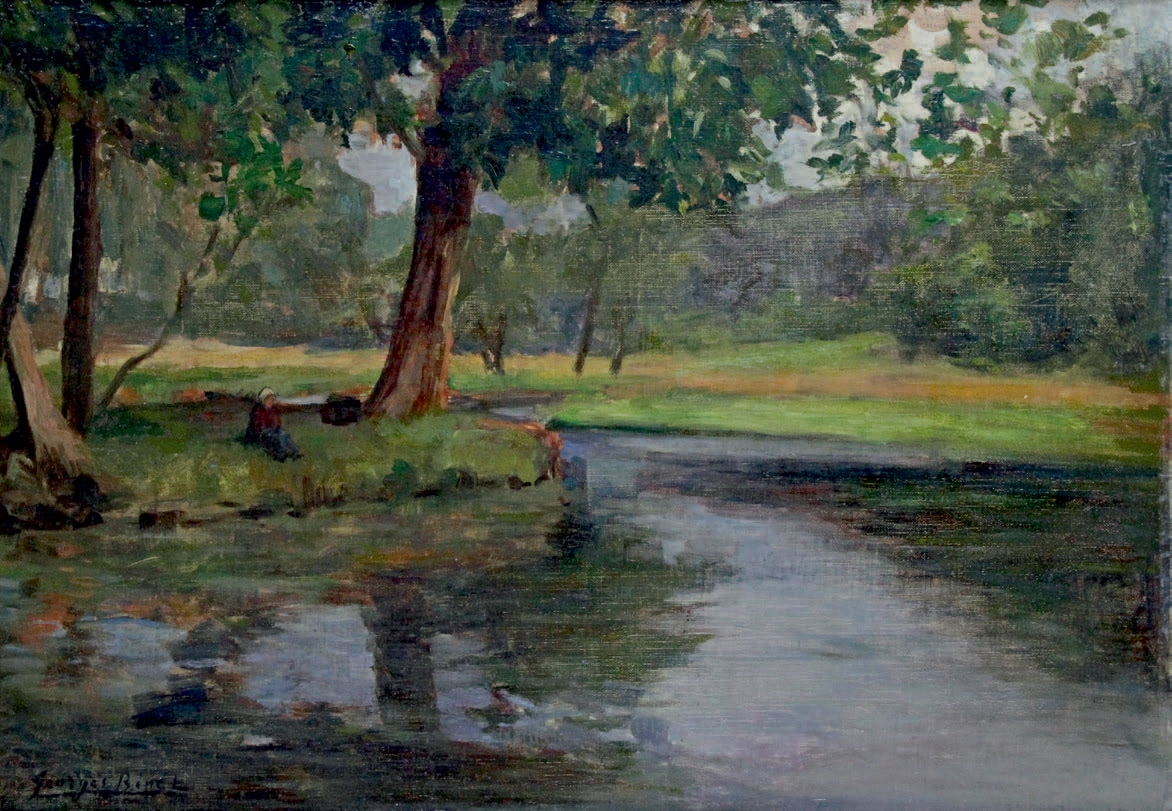 Artwork by Georges Jules Ernest Binet, Paysannes en Bord de Rivière, Made of Oil on canvas
