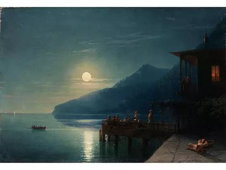 TÜRKISCHER PAVILLON AM UFER MIT MÄNNERN BEIM GEBET BEI VOLLMOND by Ivan Aivazovsky, 1875
