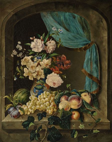 Still life with flowers and fruits by Arnoldina Hodáková Zelniziová, 1854