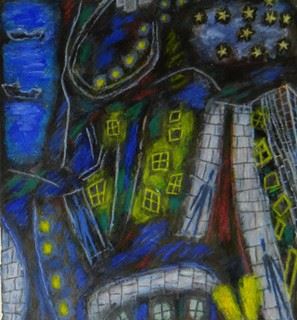 Brightly coloured surreal nocturnal scene with boats, stars and figures by Ernest Zobole, 1998