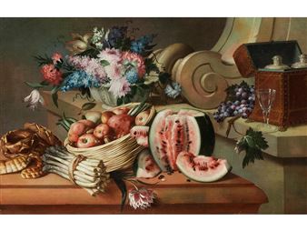 Still Life with Fruit and Flowers on Marble Base with Large Architectural Volute - Pseudo-Stringa