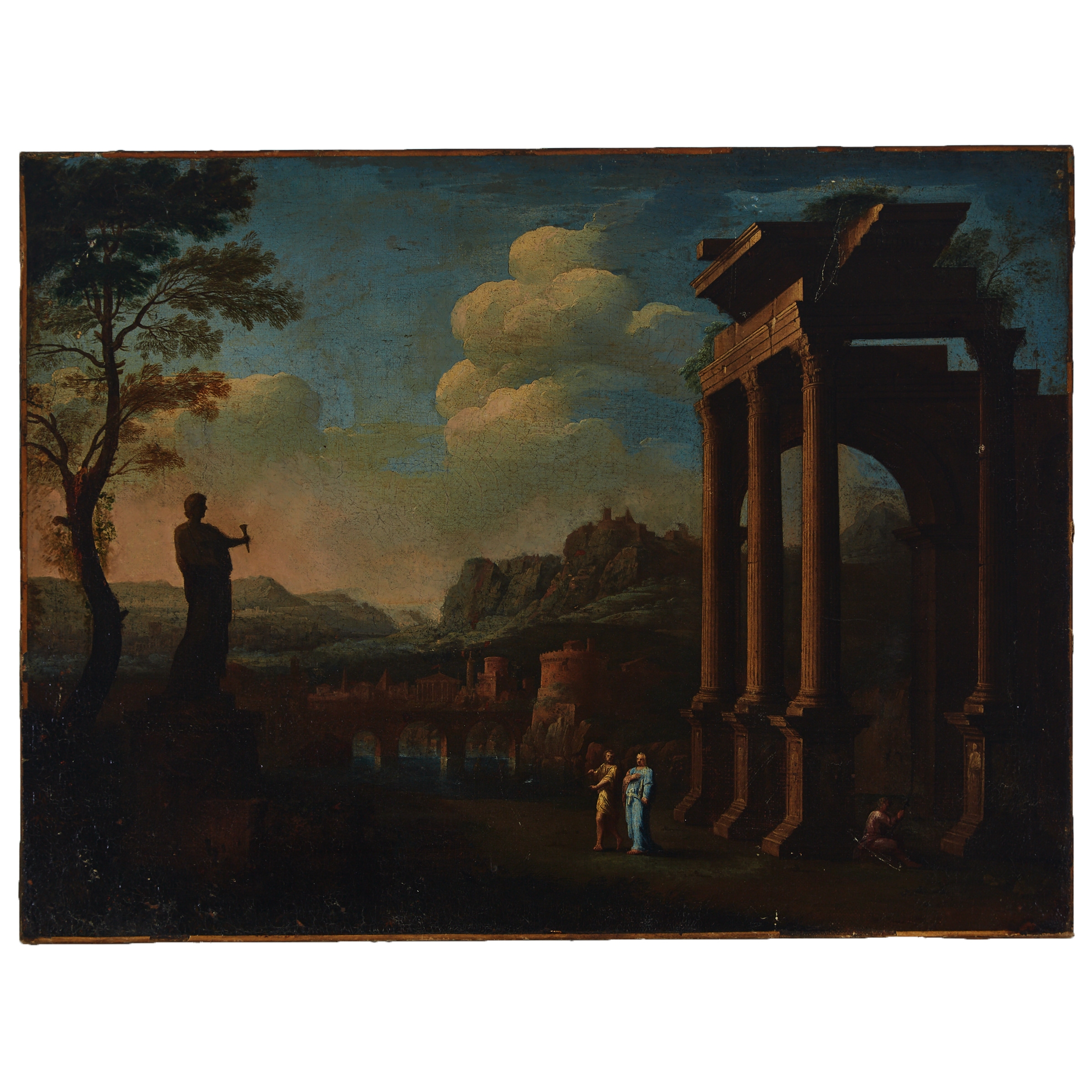 CAPRICCIO WITH CLASSICALLY DRAPED HUNTSMEN AT THE COLOSSUS OF RHODES AMID A SHRINE IN AN EXTENSIVE LANDSCAPE WITH AQUEDUCT, CITY VIEWS AND ANTIQUE RUINS by Nicolas Poussin