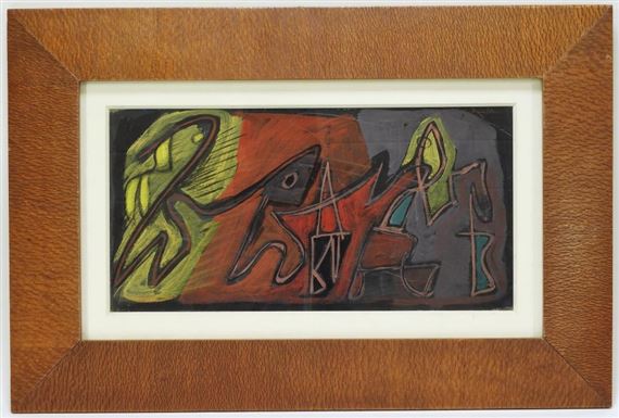 Figurative abstract of humanoid figures dancing over a tricolor background. Louis Schanker utilizes a blend of abstraction and cubism to create vibrant imagery of people, animals and still life by Louis Schanker