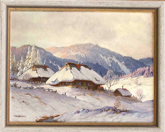 Snowy Black Forest landscape with houses in the evening light by Karl Hauptmann