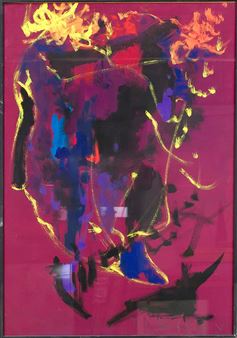 An abstract portrait of a figure in silhouette against a vibrant magenta background, engulfed in stylized flames.