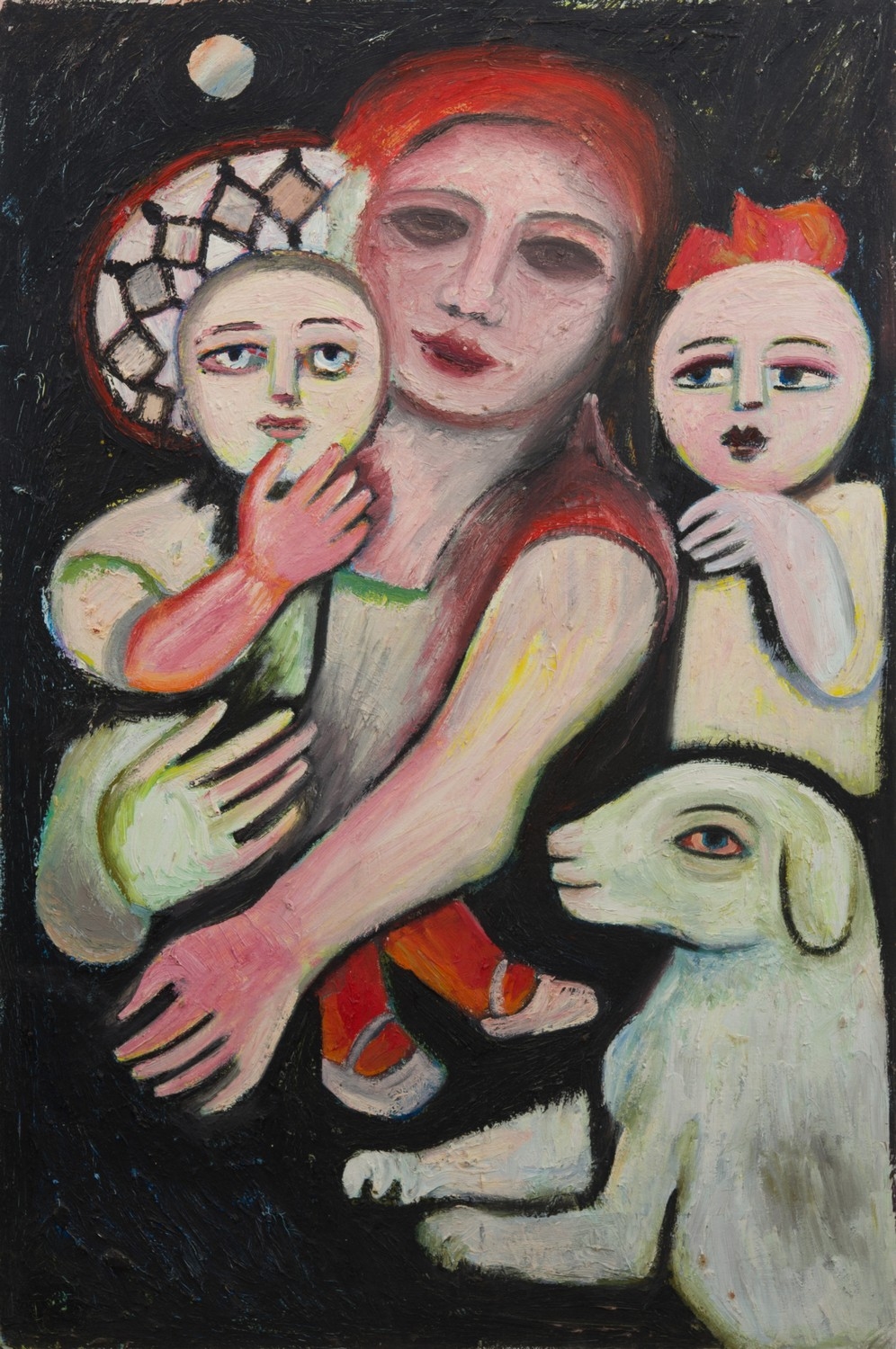 Artwork by Mirka Mora, Family with Dog, Made of oil on canvasboard