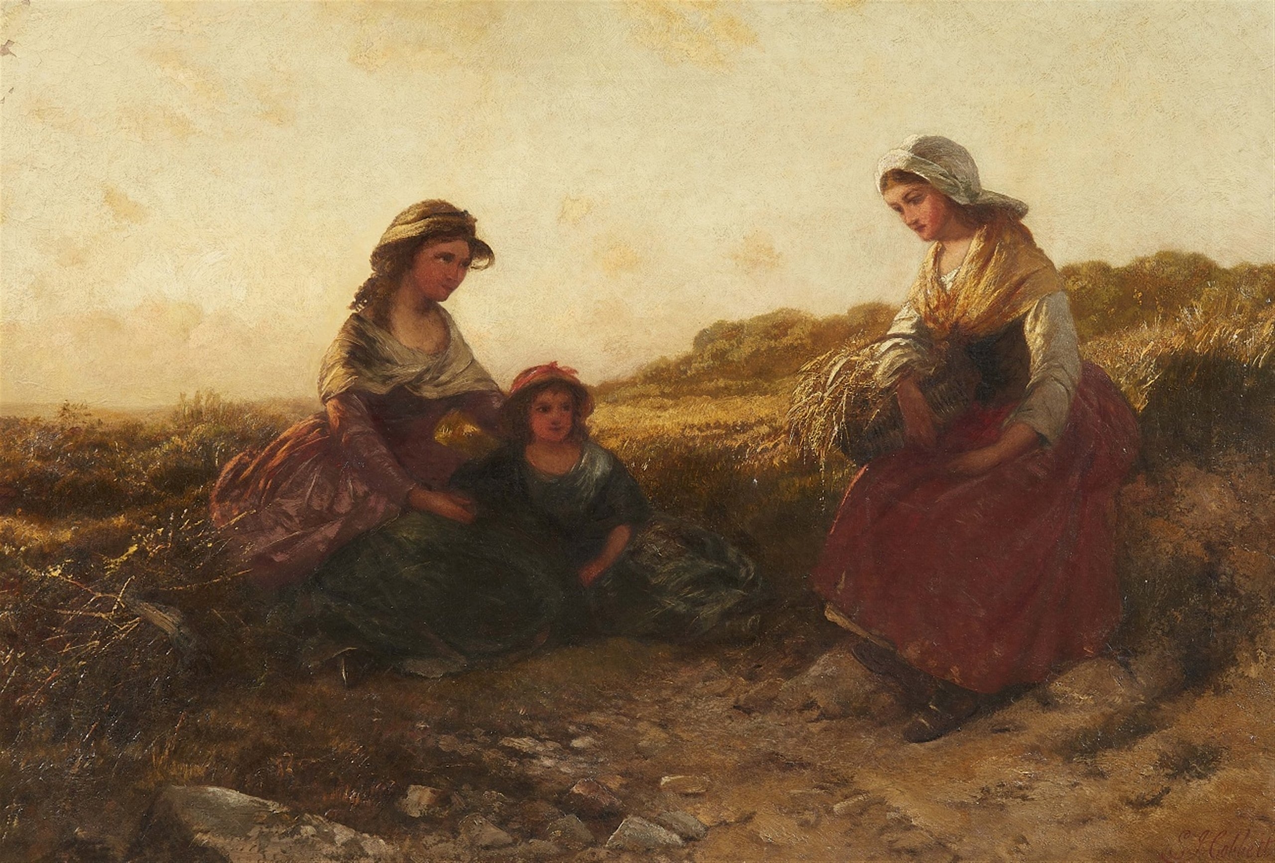 Artwork by Edward John Cobbett, Mother and Child with a Peasant in the Fields, Made of Oil on canvas