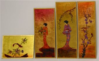 4 Works: Deux Geishas, oiseau branché et branche de prunus - Michel Zeller