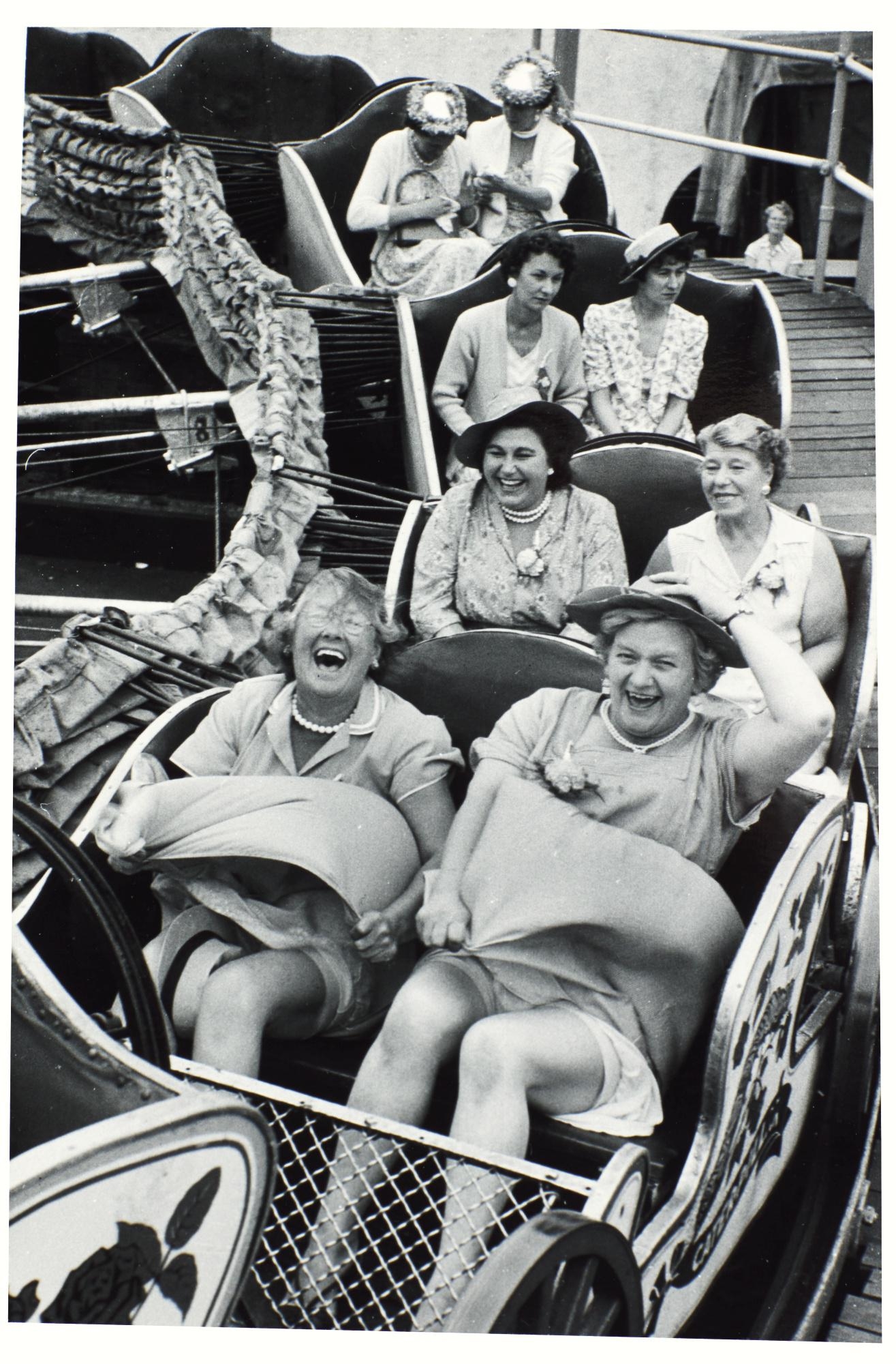 Artwork by Grace Robertson, ON THE CATERPILLAR, WOMEN'S PUB OUTING, CLAPHAM, LONDON, 1956, Made of Silver print