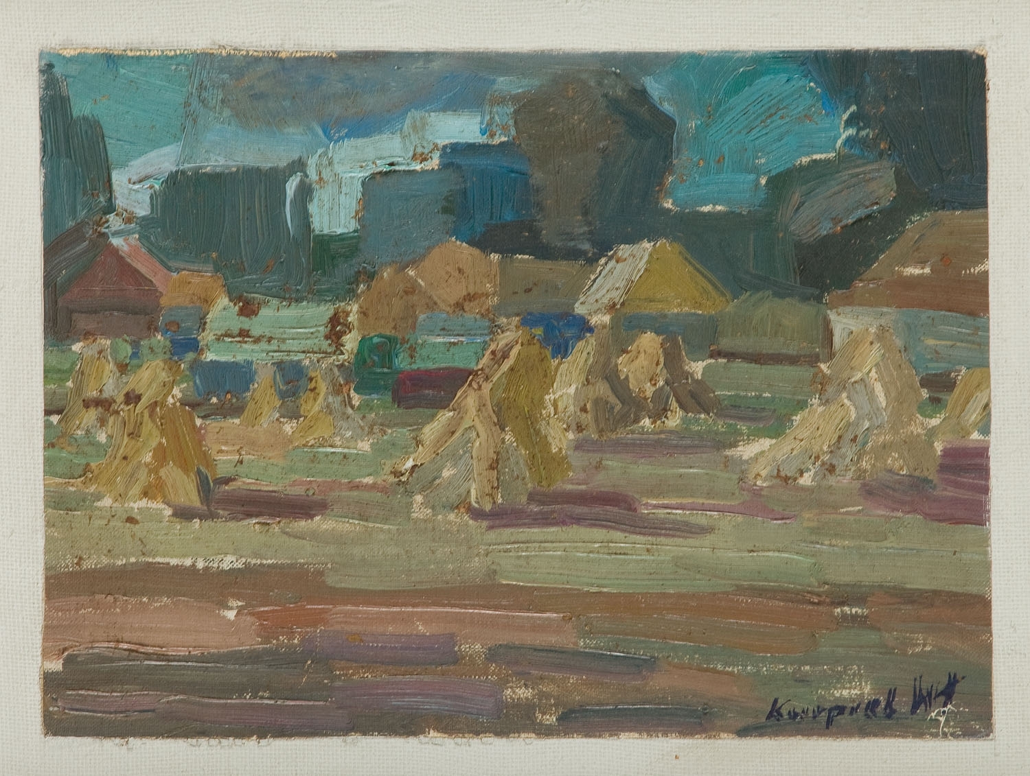 Artwork by Wladyslaw Kurpiel, 'Landscape with a haystack', Made of oil/canvas mounted on plyboard