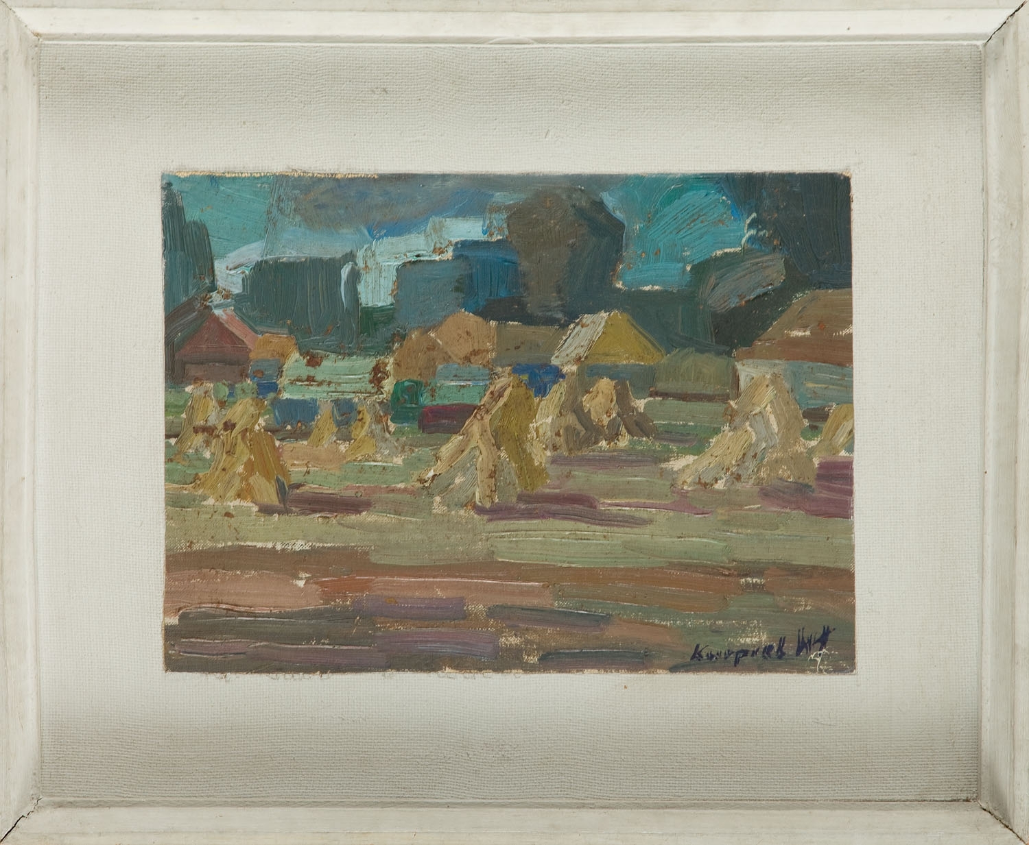 Artwork by Wladyslaw Kurpiel, 'Landscape with a haystack', Made of oil/canvas mounted on plyboard