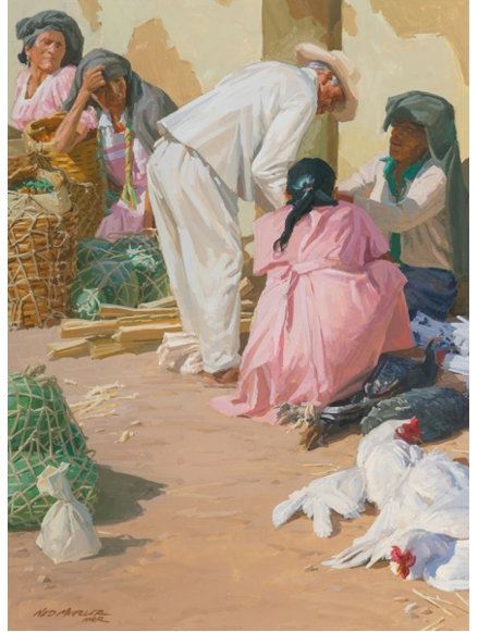 Artwork by Ned Mueller, Ocotlan Market, Made of Gouache on board