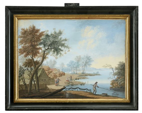 Insjölandskap med fiskare by Swedish School, 19th Century
