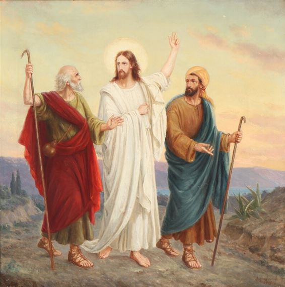 Christ with to disciples on their way to Emmaus after the resurrection by Niels Anker Lund, 1898