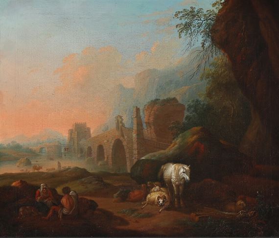 Two shepherds with a horse and goats resting in a mountain landscape by Italo-Dutch School, 18th Century
