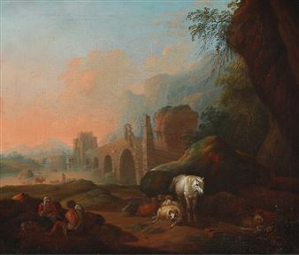 Two shepherds with a horse and goats resting in a mountain landscape - Italo-Dutch School, 18th Century