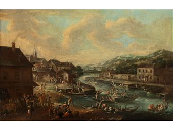 Broad Canal Landscape with Buildings on Both Sides of the Shore, Ships and Numerous Figures - Pieter Bout
