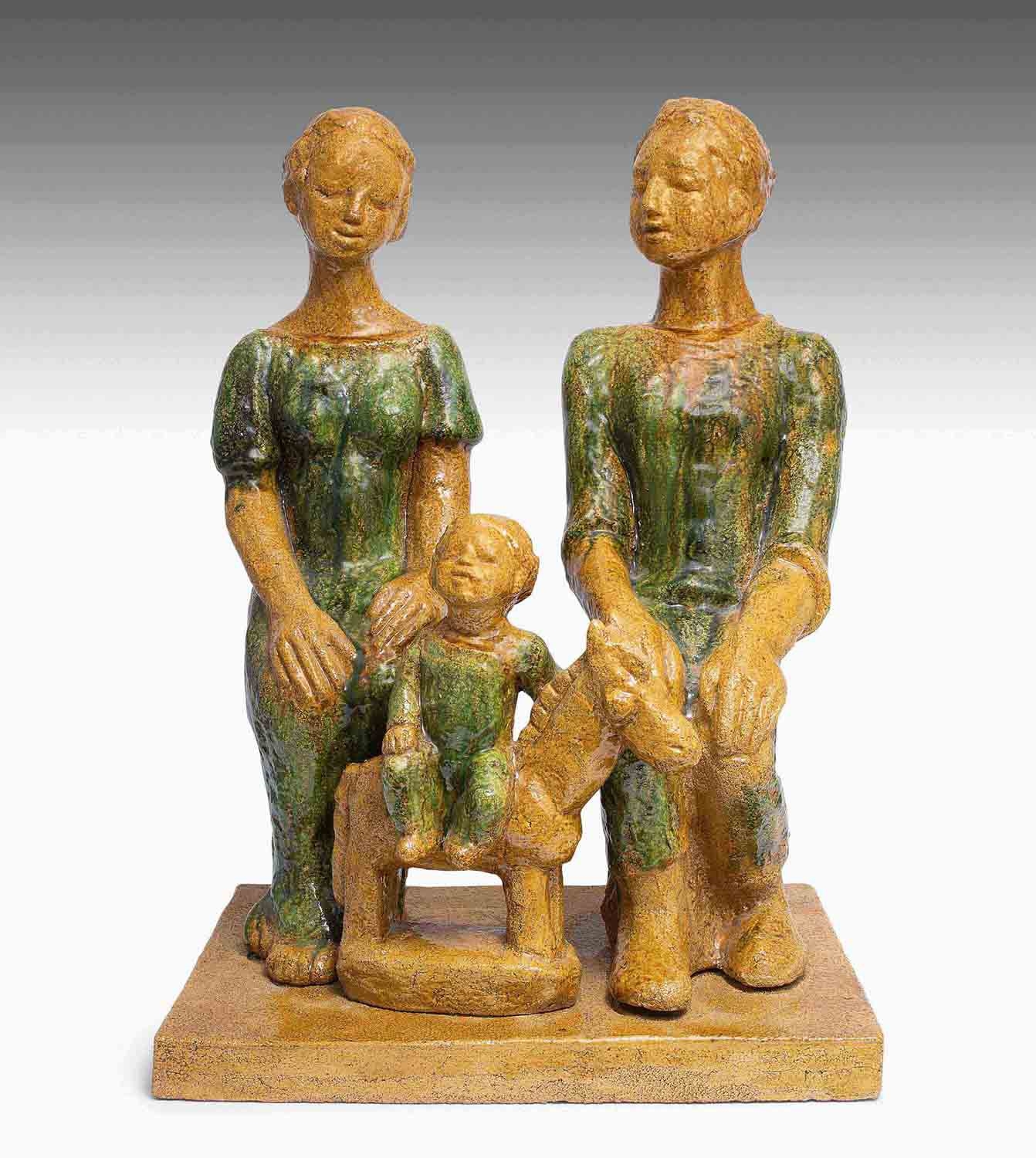 Artwork by Hildegard Haselgrübler, Figurengruppe (Vater, Mutter und Kind), Made of Ceramic, ocher and green glazed