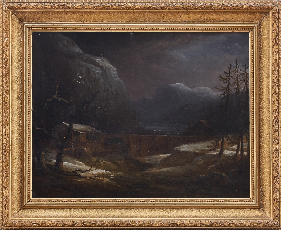 Artwork by Pehr Gustaf Von Heideken, Vinterlandskap med kvarn vid en fors, Made of Oil on canvas