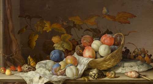 Artwork by Balthasar van der Ast, Still Life with Fruits in a Woven Basket, Blue and White Porcelain Plate, Vines, Various Snails, Butterflies and Insects., Made of Oil on panel