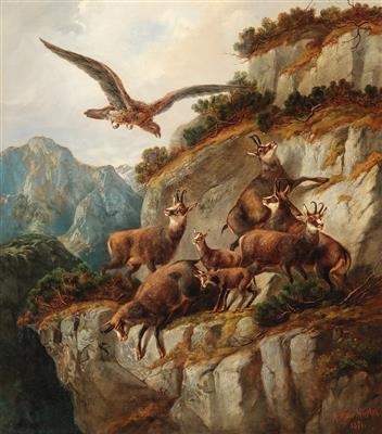 Chamois and Eagle on a Steep Cliff Face by Moritz Müller I, 1871
