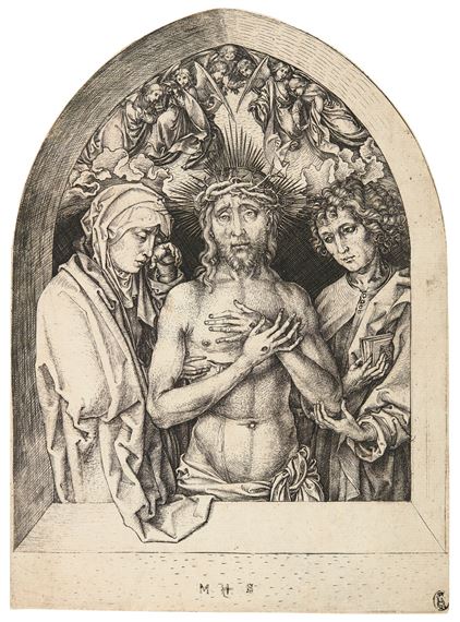 THE MAN OF SORROWS BETWEEN THE VIRGIN AND ST JOHN (BARTSCH 69; LEHRS, HOLLSTEIN 34) by Martin Schongauer, circa 1470-1472