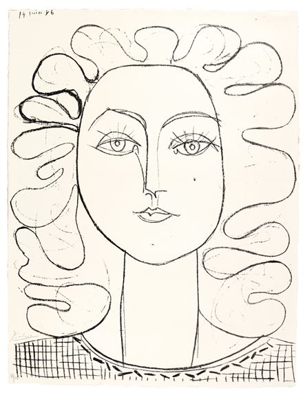 A drawing of a woman's face with curly hair.