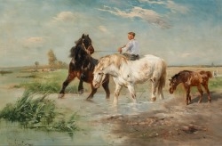 Chevaux brabançons et leur cavalier sur fond de paysage. by Henry Schouten